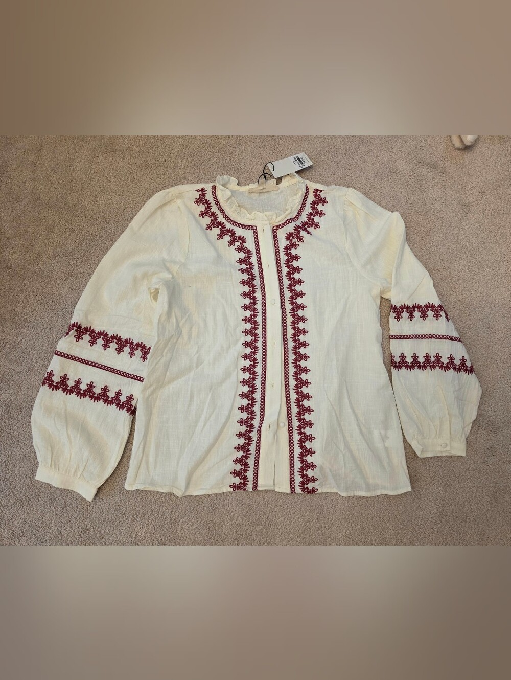 New AVARA embroidered Cream Button-Front Women's Top with Burgundy Accents